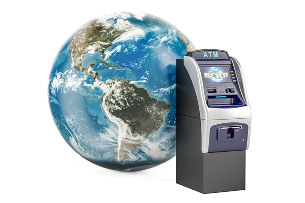 ATM with Earth Globe, global banking service concept. 3D rendering